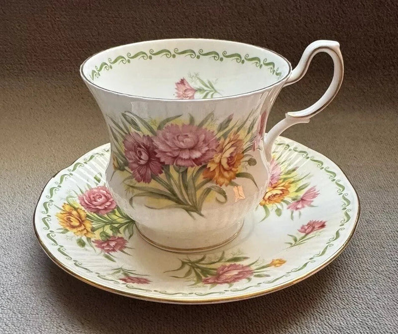 Vntg QUEENS TEA CUP SAUCER JANUARY CARNATIONS Special Flowers Bone China England Carnation