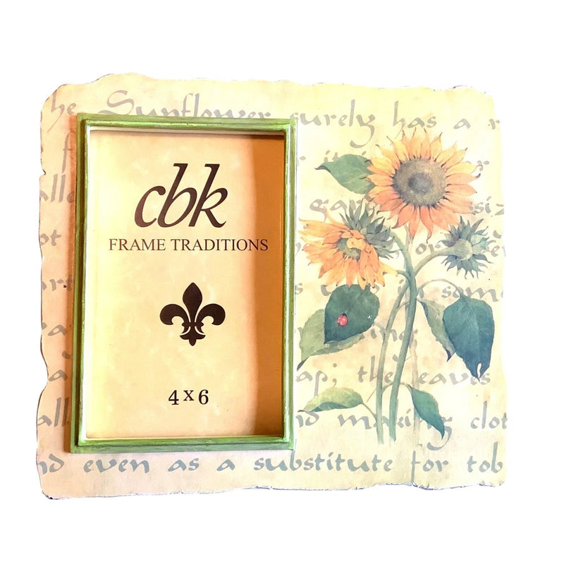 Sunflower 4x6 picture frame with textured floral design and green inner border