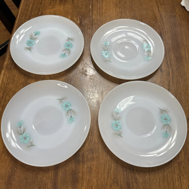 Lot Of 4 Vintage Fire King Bonnie Blue Carnation Flowers Saucers Milk Glass Carnation