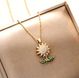 Gold Titanium Spin Sunflower Flower Pave Green CZ Pendant Chain Necklace Sunflower
