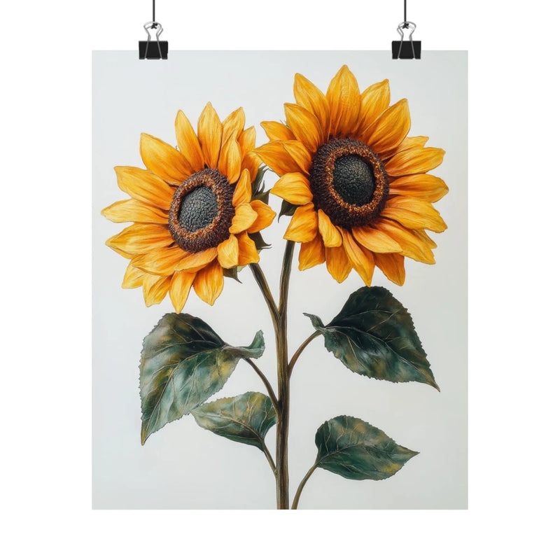 Sunflower art print poster with three orange blooms, dark centers, and green leaves