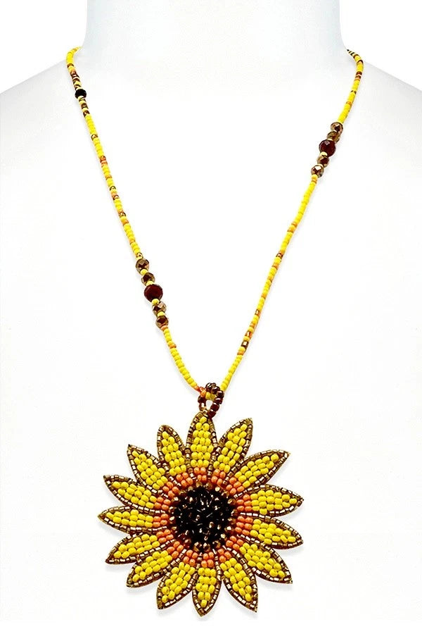 Sunflower Glass Seed Beads Long Women Necklace Pendant Sunflower