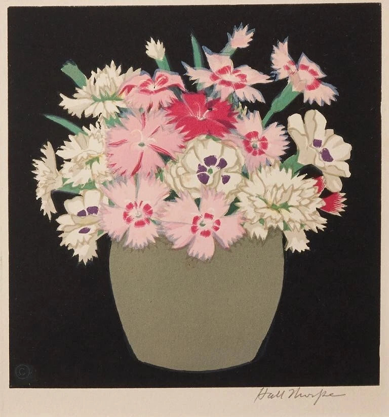 Floral woodcut art print of pink and white carnations in a vase with green leaves