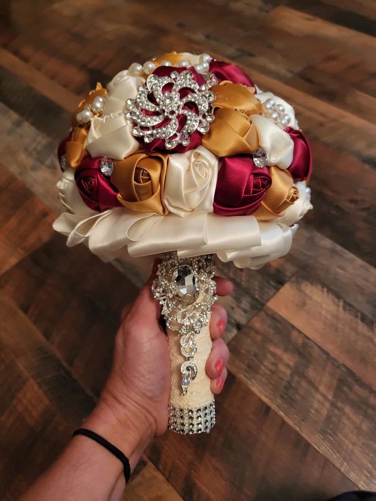 Bridal Flower Wedding Bouquet Rhinestone Pearls Silk Satin Burgundy Gold Cream Bouquet