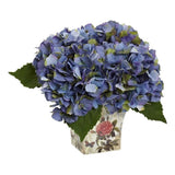 Nearly Natural Hydrangea Silk Arrangement with Floral Planter in Blue Hydrangea