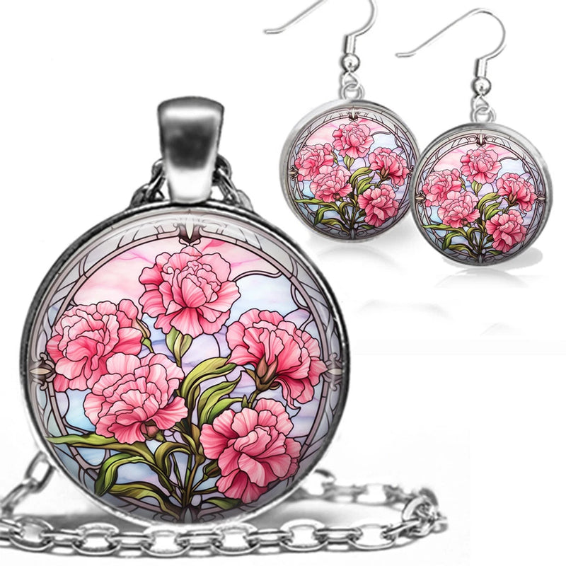 Round silver-tone stained-glass style flower pendant necklace with pink carnation design and chain