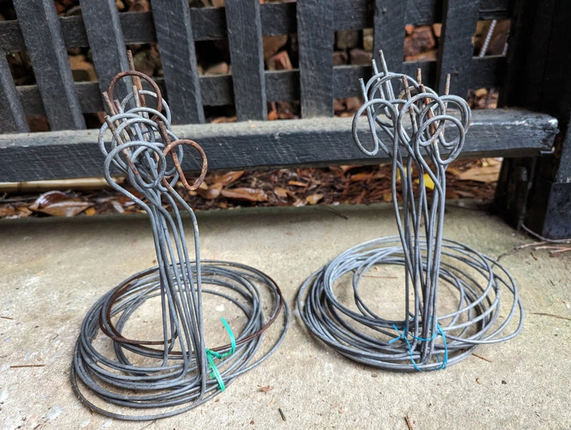 Orchid wire ring stake, silver metal coil rings on stakes, pair