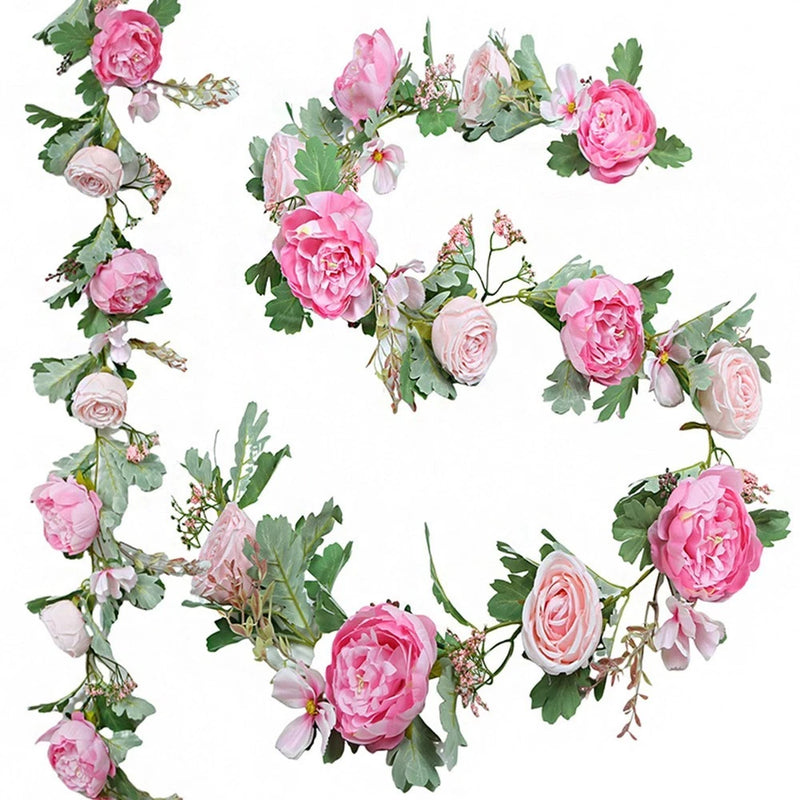 Pink peony flower garland with green leaves and small buds, 200cm