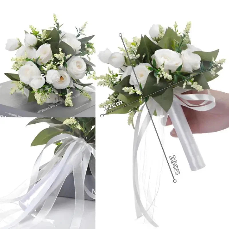 Bridal Wedding Bouquet White Silk Roses Artificial Flowers For Bridesmaid Gift Bouquet