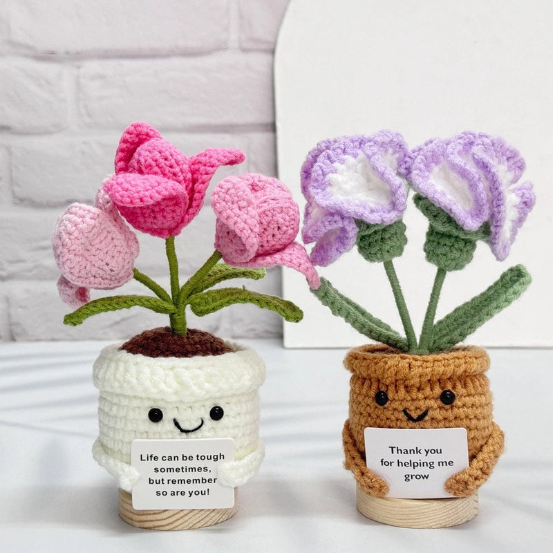 Handmade crochet tulip carnations in white and brown pots, pink and purple flowers, smiling faces