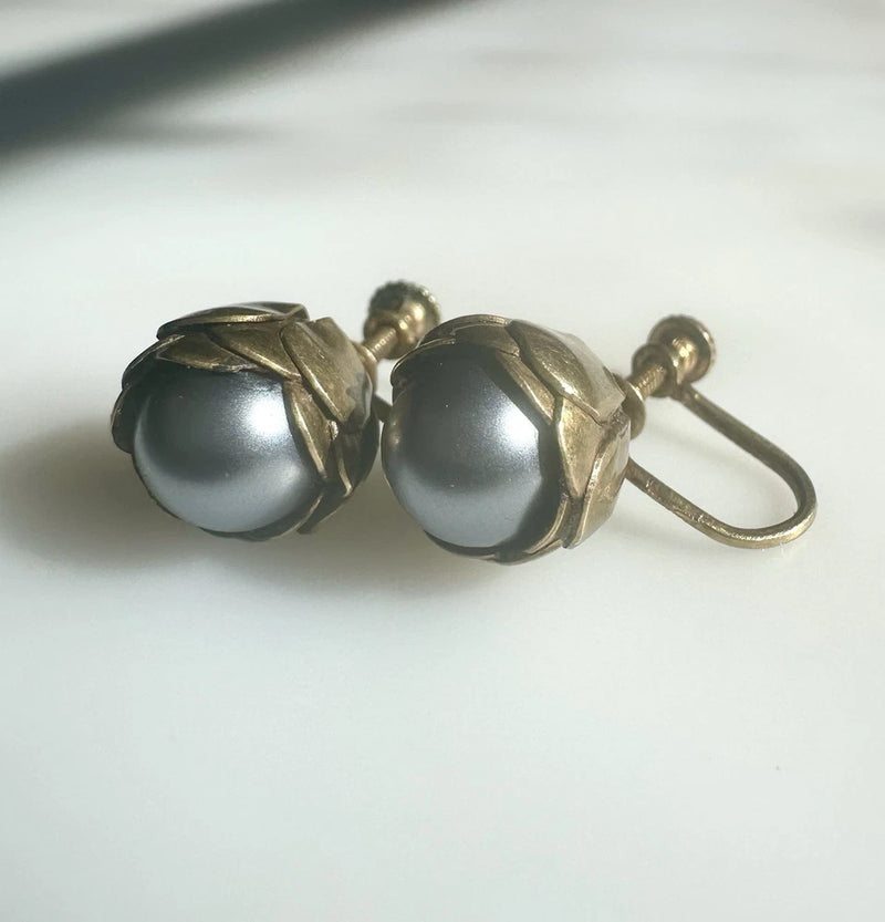 JaneÕs Updated Peony Antique Screwback Earrings - New Grey Blue Faux Pearls Peony