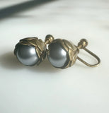 JaneÕs Updated Peony Antique Screwback Earrings - New Grey Blue Faux Pearls Peony