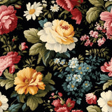 45-inc Vintage Floral Cotton Quilter's Fabric By the Yard Orange Yellow Black 75 Flowering Plants