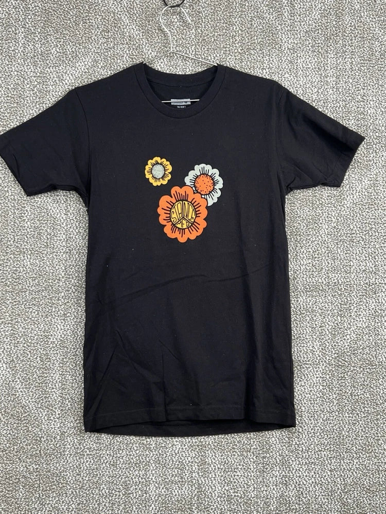 Women's black short-sleeve T-shirt with colorful sunflower graphic on front