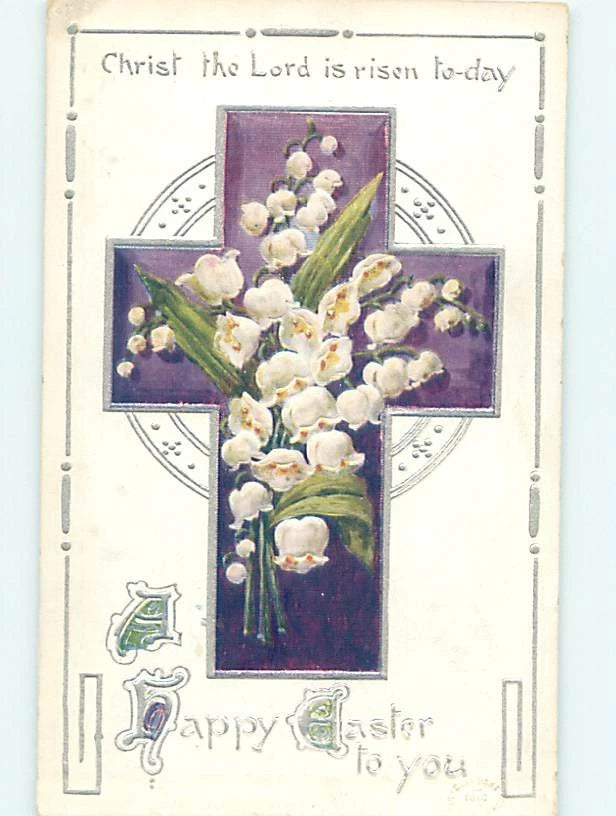 Religious Easter greeting card with lily of the valley flowers and cross motif