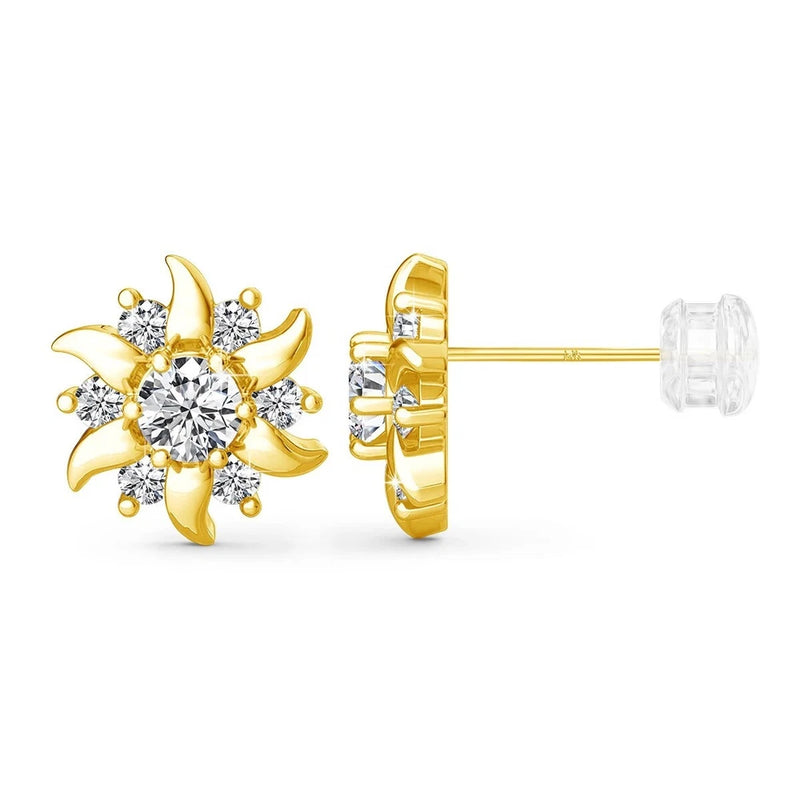 Gold sunflower flower earrings with round moissanite center and small sparkling stones, stud back