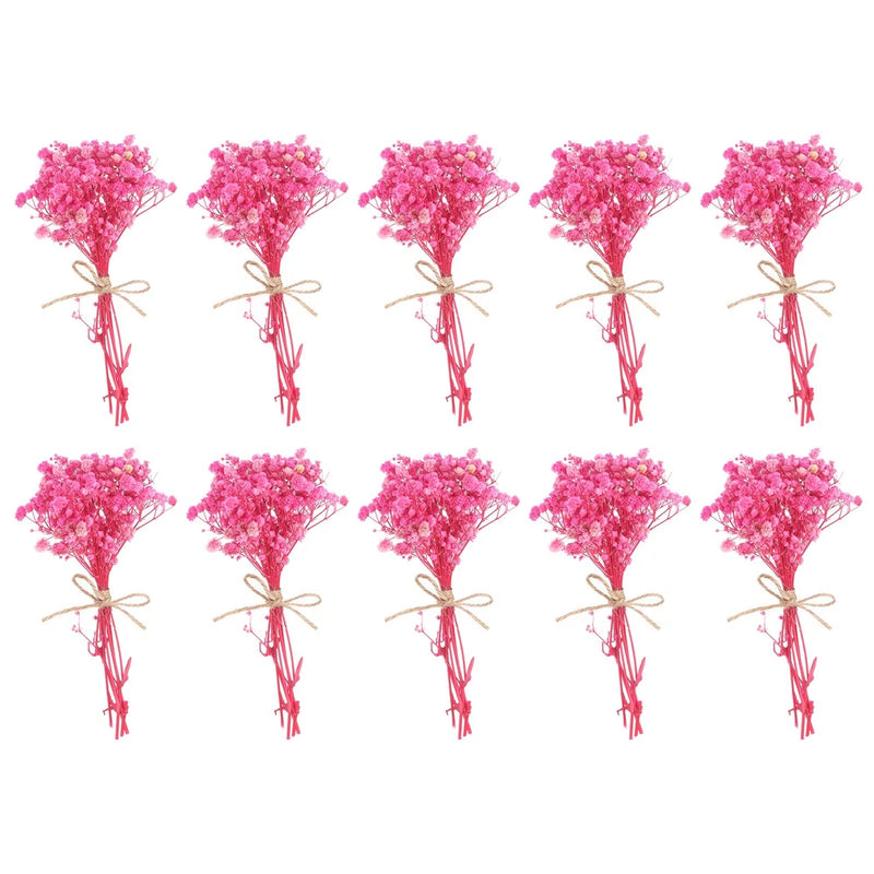 Set of 10 mini pink dried baby's breath bouquets, tied with twine stems