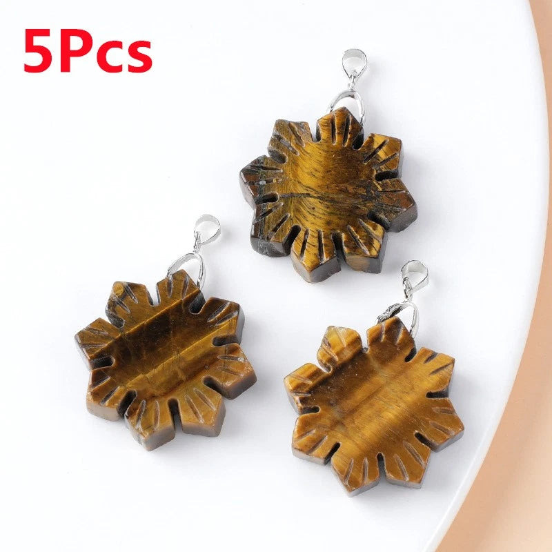 5Pcs 30x7mm Tiger Eye Gem Carved Snowflake Christmas Sunflower Pendant HT2998 Sunflower