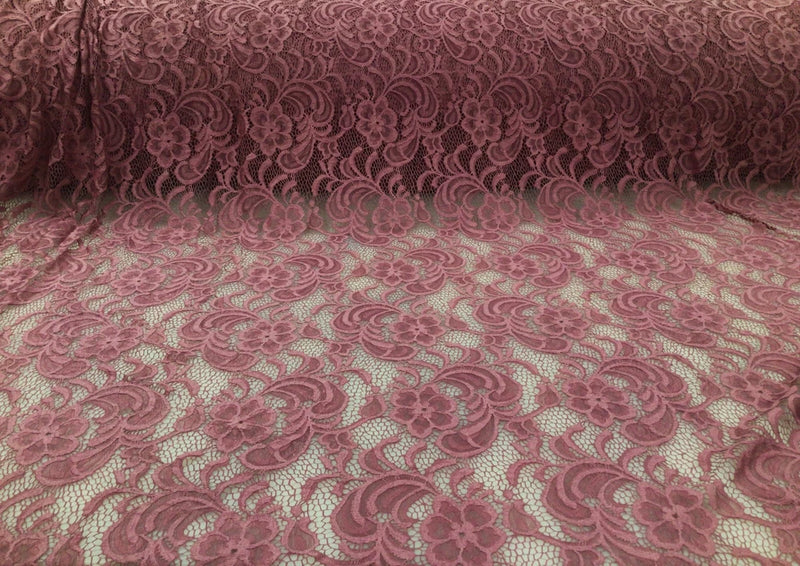 Embroidered Stretch Lace Apparel Fabric Sheer Floral China Rose Pink UU217 Flowering Plants