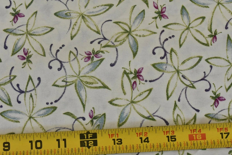 By 1/2 Yd, Green Blue Purple Floral on Cream Quilt Cotton, P&B/Karen Brow, B1454 Flowering Plants
