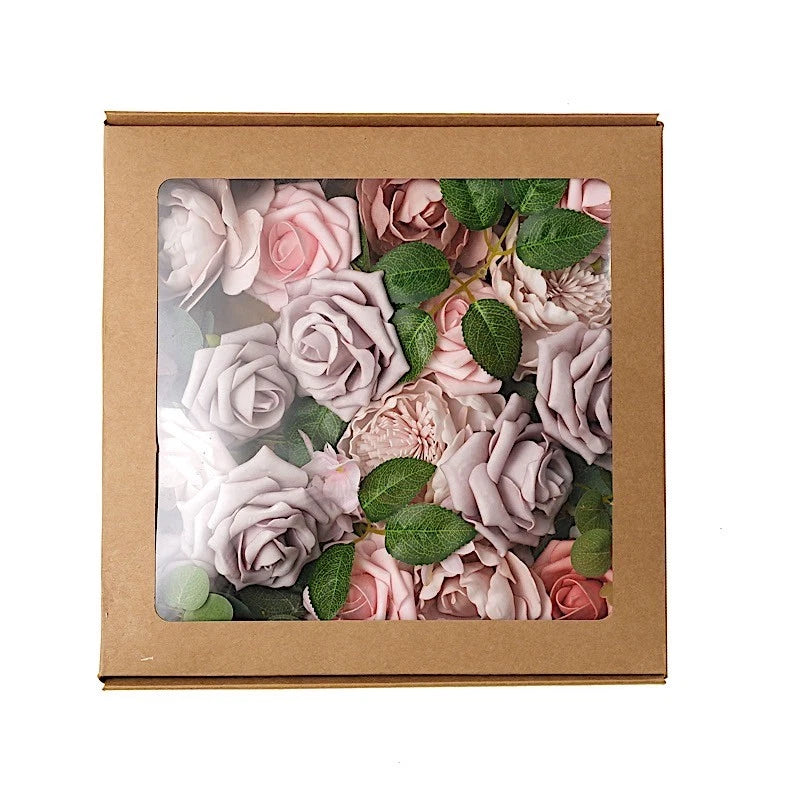 Gift box of assorted artificial silk roses, peonies, and leaves in pink and white