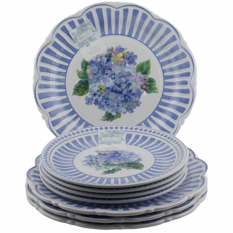 Shabby Chic Floral Hydrangea Flowers Dinner Salad Plates Melamine Set Blue White Hydrangea