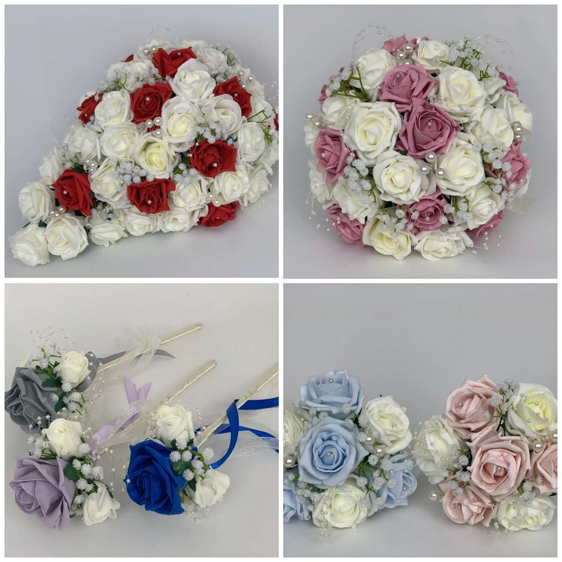 Wedding flower bouquets set: ivory roses with red, pink, lavender/blue, and light blue roses