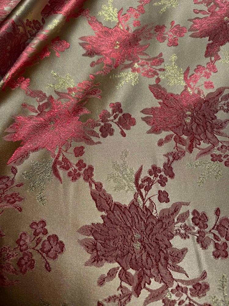 Gold with Red Poinsettia Christmas Floral - Faux Silk Brocade Jacquard Fabric Flowering Plants