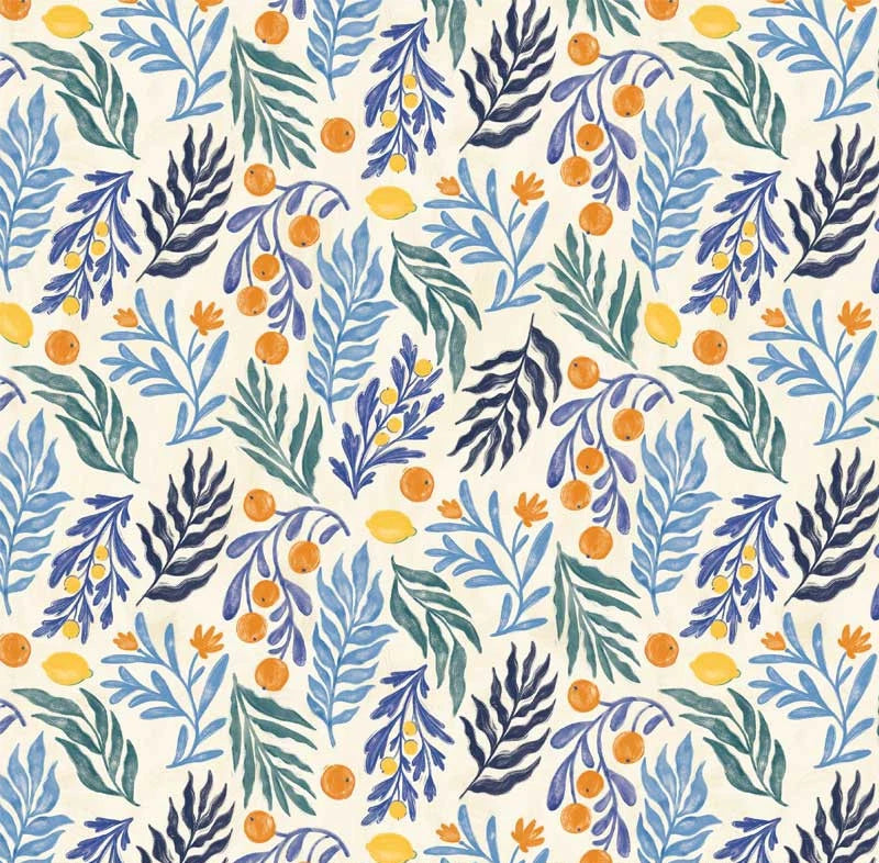 Cyprus Ecru Tossed Sprigs and Fruit Mediterranean Fabric 5489 by the half yard Flowering Plants