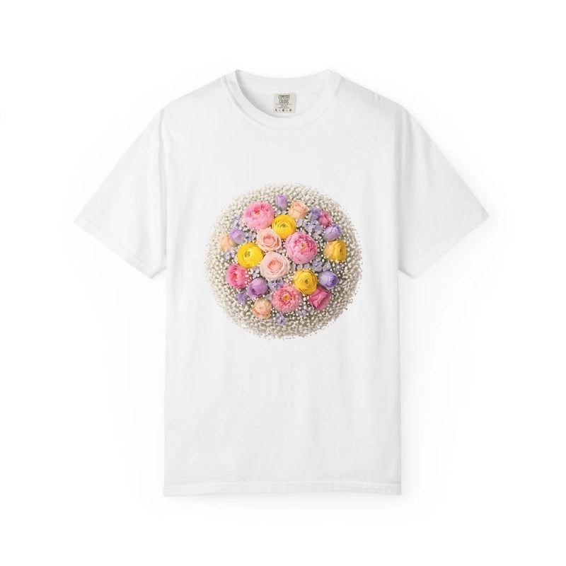 Spring Floral Bouquet T-Shirt | Pastel Roses & Ranunculus Circle Design Ranunculus
