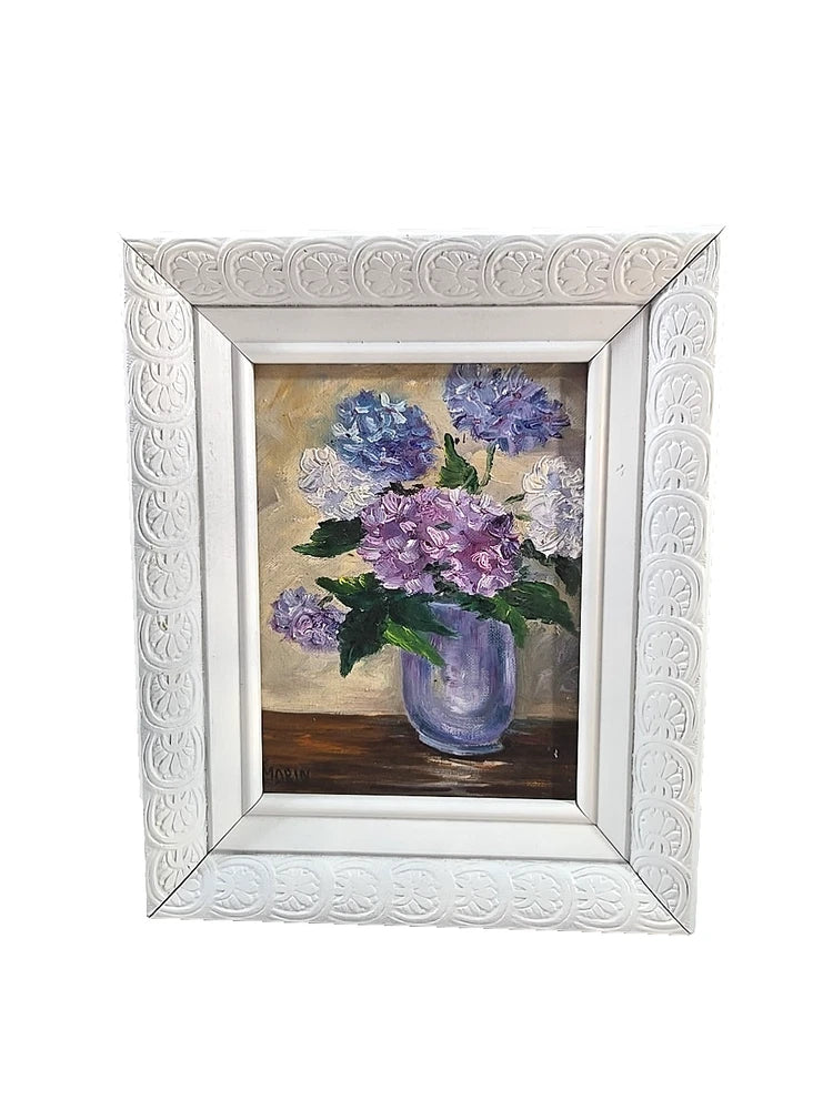 Vintage Original Oil Painting Hydrangeas Still Life Signed Morin Framed 11x9 Hydrangea