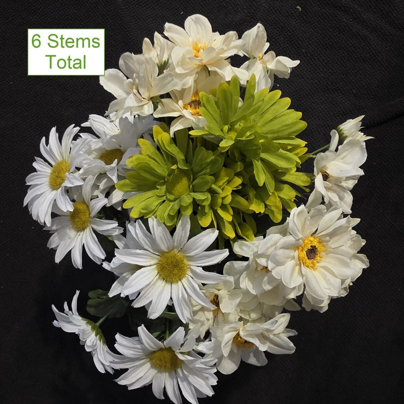Artificial faux silk sunflower bouquet with white blooms, yellow centers, and green leaves