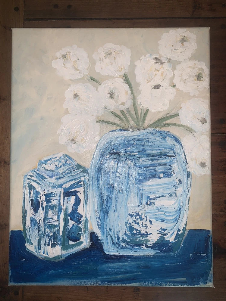 Original White Ranunculus Ross Still Life Blue Vase 14ÓW 18ÓT Canvas Unsigned Ranunculus
