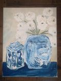 Original White Ranunculus Ross Still Life Blue Vase 14ÓW 18ÓT Canvas Unsigned Ranunculus