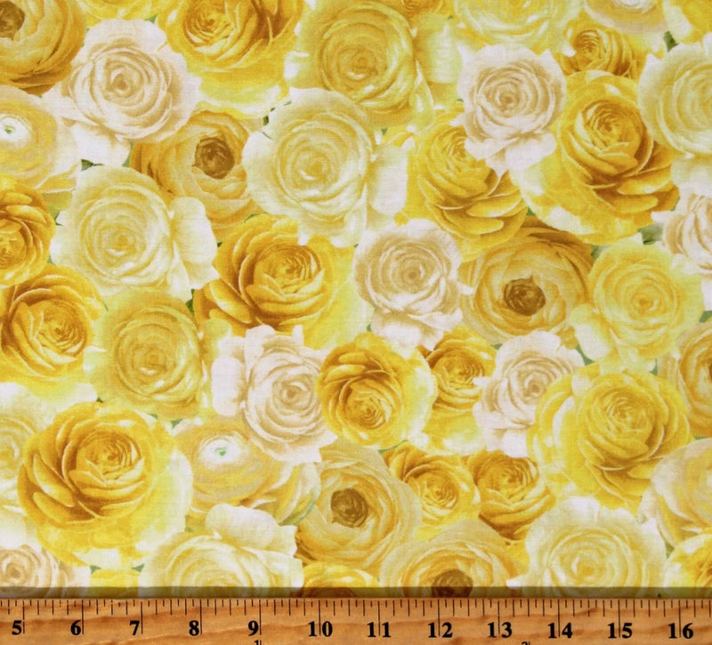 Cotton fabric by the yard with packed yellow and cream rose floral print