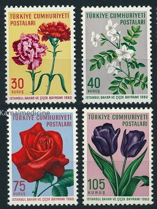 Turkey 1960 MNH 4v, Flowers, plants, Roses Carnations Jasmine Garden Tulips Carnation