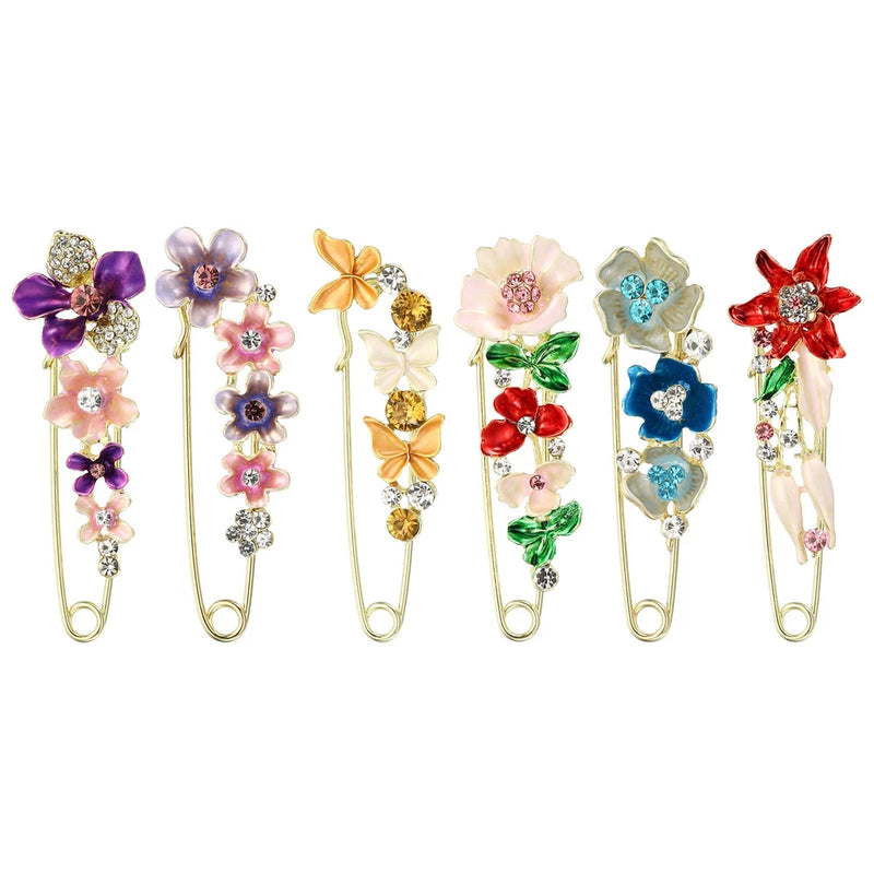 Multicolor rhinestone flower safety pin brooches, butterfly and floral designs