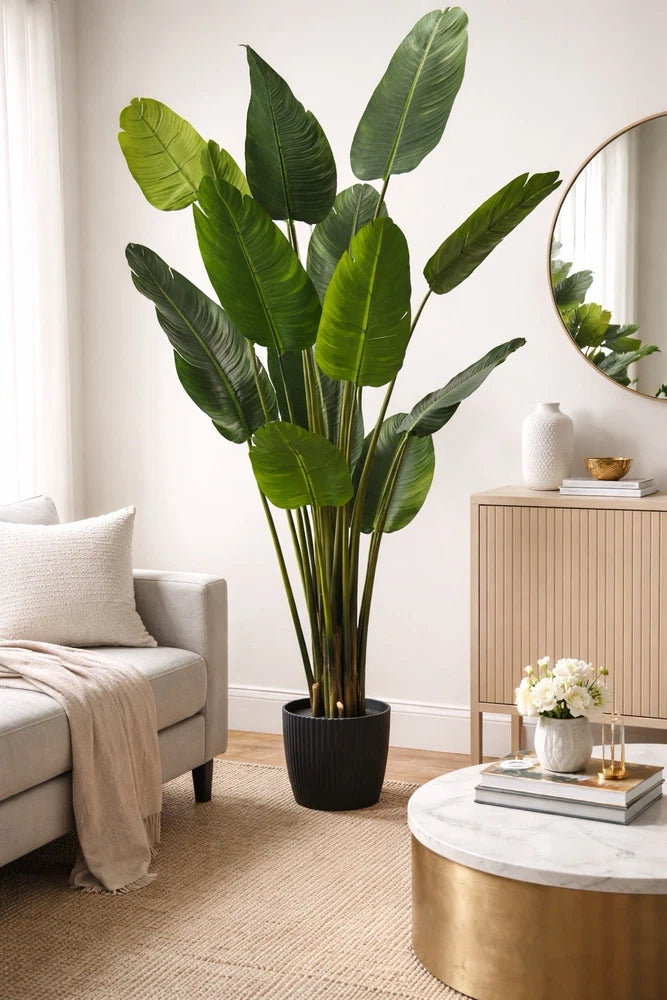 Large artificial banana tree plant with green tropical leaves in black pot