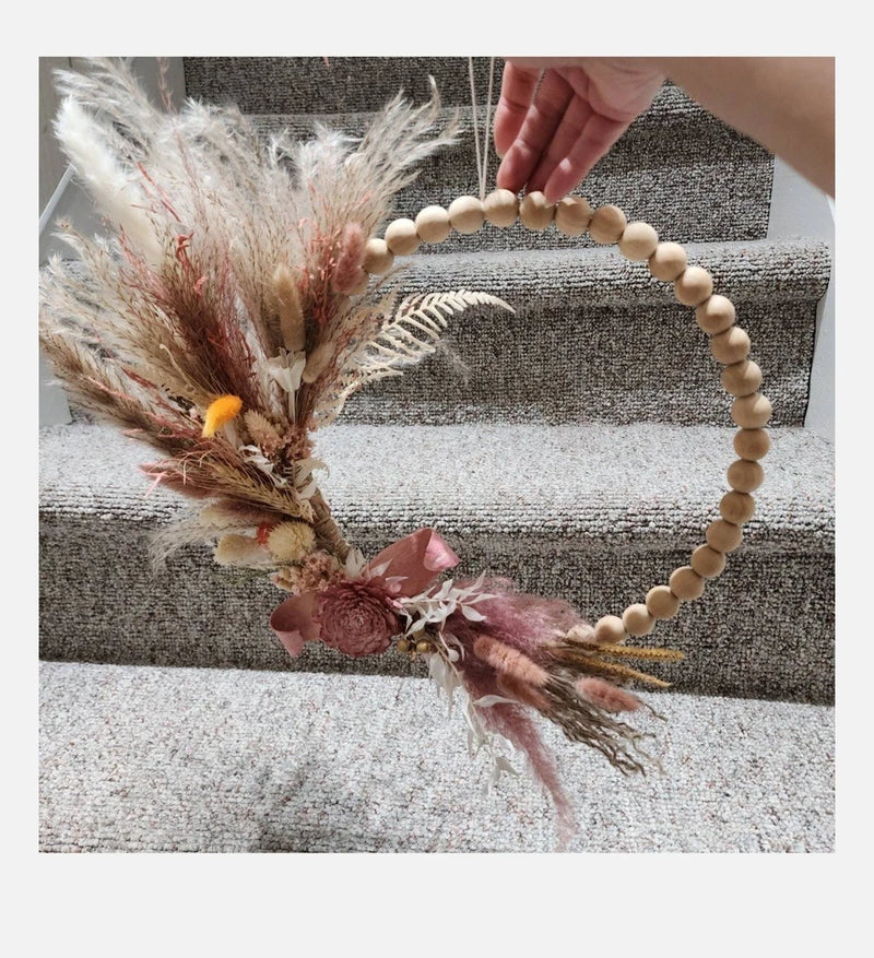 Dried pampas grass wreathboho style, wood beads wreath,door and wall... Pampas Grass