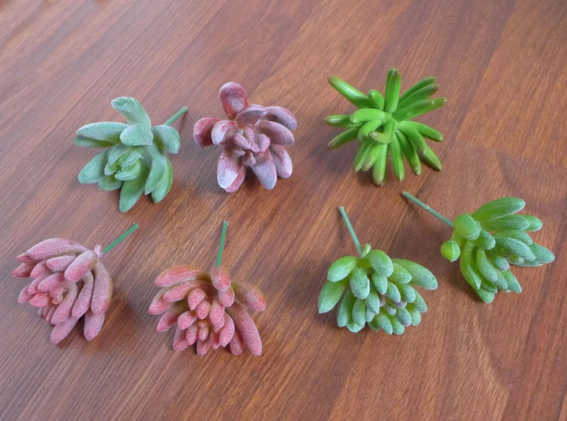 7 Mini Artificial Succulents Flocking Lifelike Grass Green Plant