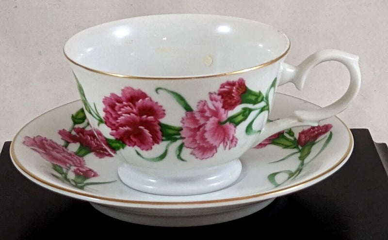 Porcelain teacup and saucer set with pink carnation blossoms, green leaves, and gold trim