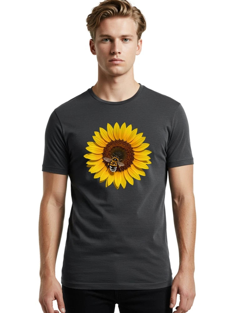 Men's dark gray cotton T-shirt with large sunflower and bee graphic