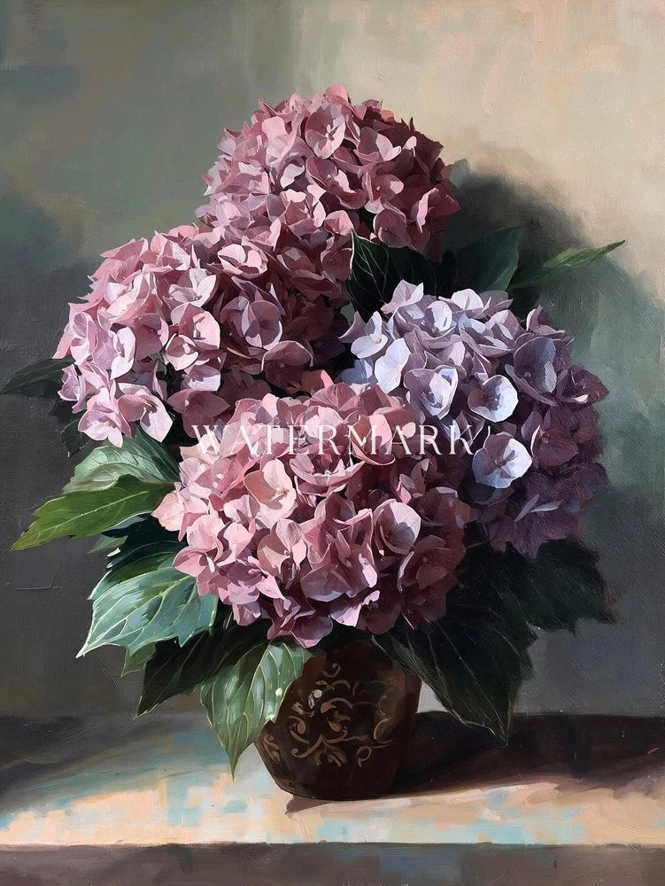 Vintage Pot with Hydrangeas Still Life Oil Painting Wall Decor 8" x 10" Print Hydrangea