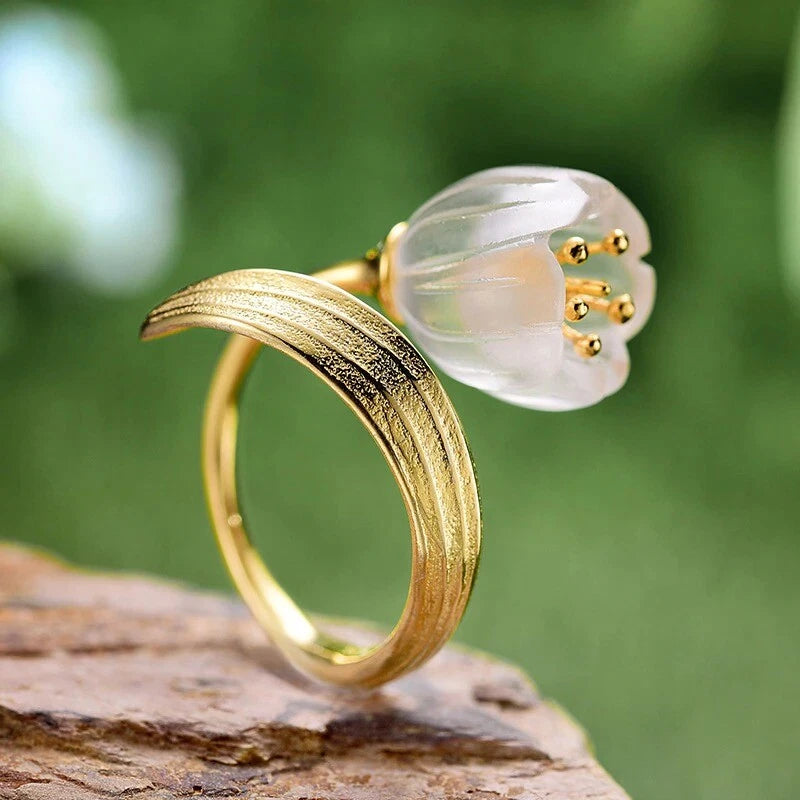 Natural Crystal Handmade Fine Jewelry Lily of the Valley Flower Rings For Women Lily