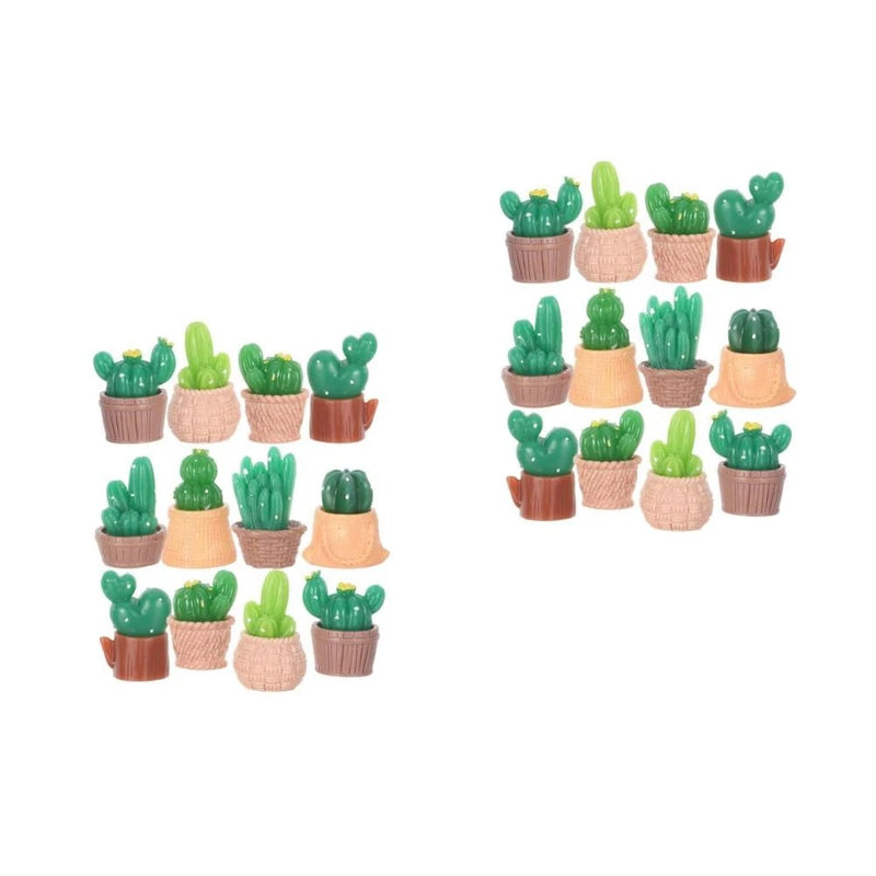Set of 16 mini resin cactus figurines with small green plants in terracotta pots