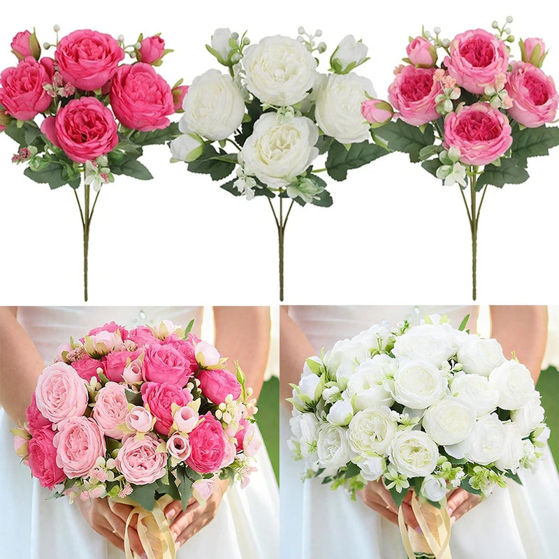 Silk peony flower wedding bouquet with pink and white blooms and green leaves, three stems