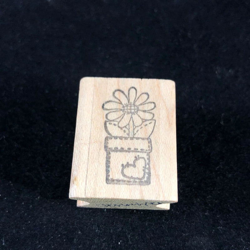 Woodblock rubber stamp with sunflower in a potted plant line art