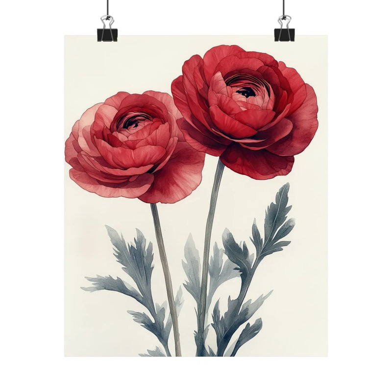 Boho Burgundy Ranunculus Flower Art Print Poster, Minimalist Floral Wall Art 3 Ranunculus