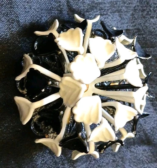 Vtg Brooch Enamel Flower Pin Black & White 3D Hydrangea 3 Tier Filigree Round Hydrangea