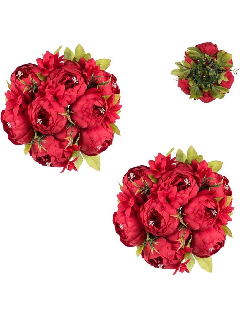 Red artificial peony flower balls for centerpieces, 2-pack with green leaves